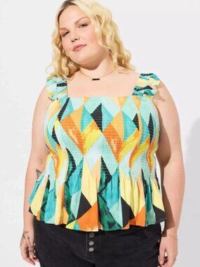 Torrid Peplum Smocked Tank Top 3 3X Multi Geometric Crinkle Gauze Boho